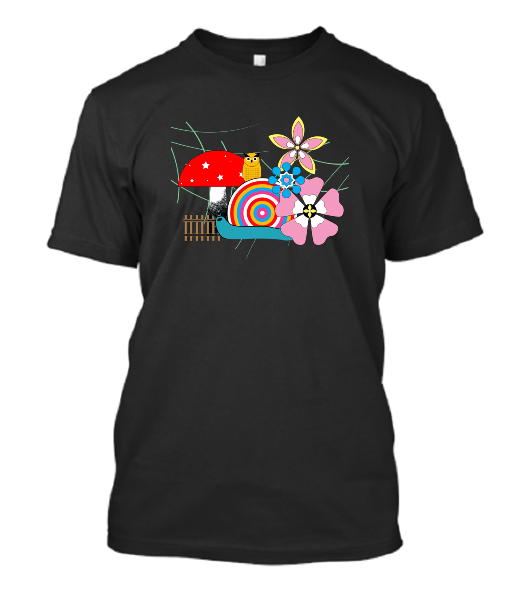 Snails Hide Mushroom Owl And Flowers Garden Scene T-Shirt
