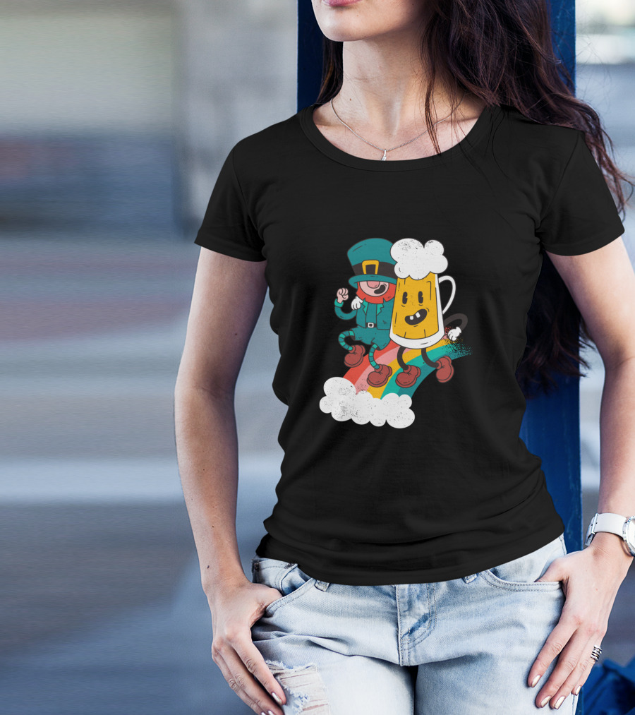 St Patricks Day Leprechaun Riding Beer Mug On Rainbow T-Shirt