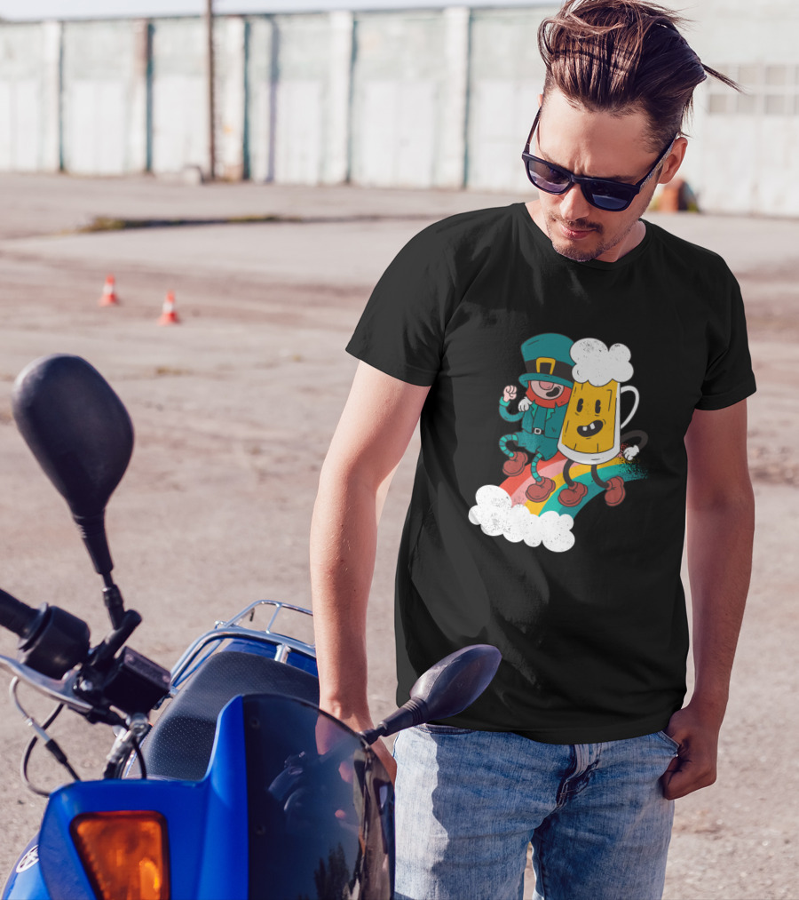 St Patricks Day Leprechaun Riding Beer Mug On Rainbow T-Shirt