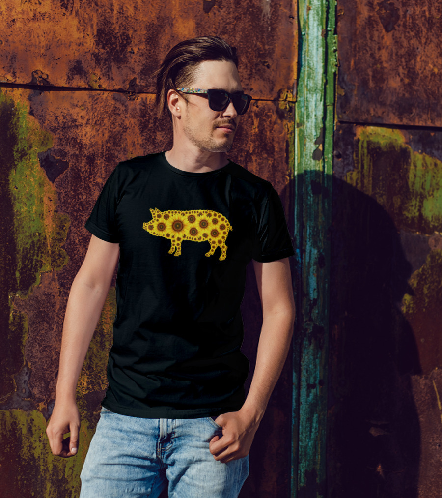 Sunflower Pig Silhouette Filled With Bright Yellow Blooms T-Shirt