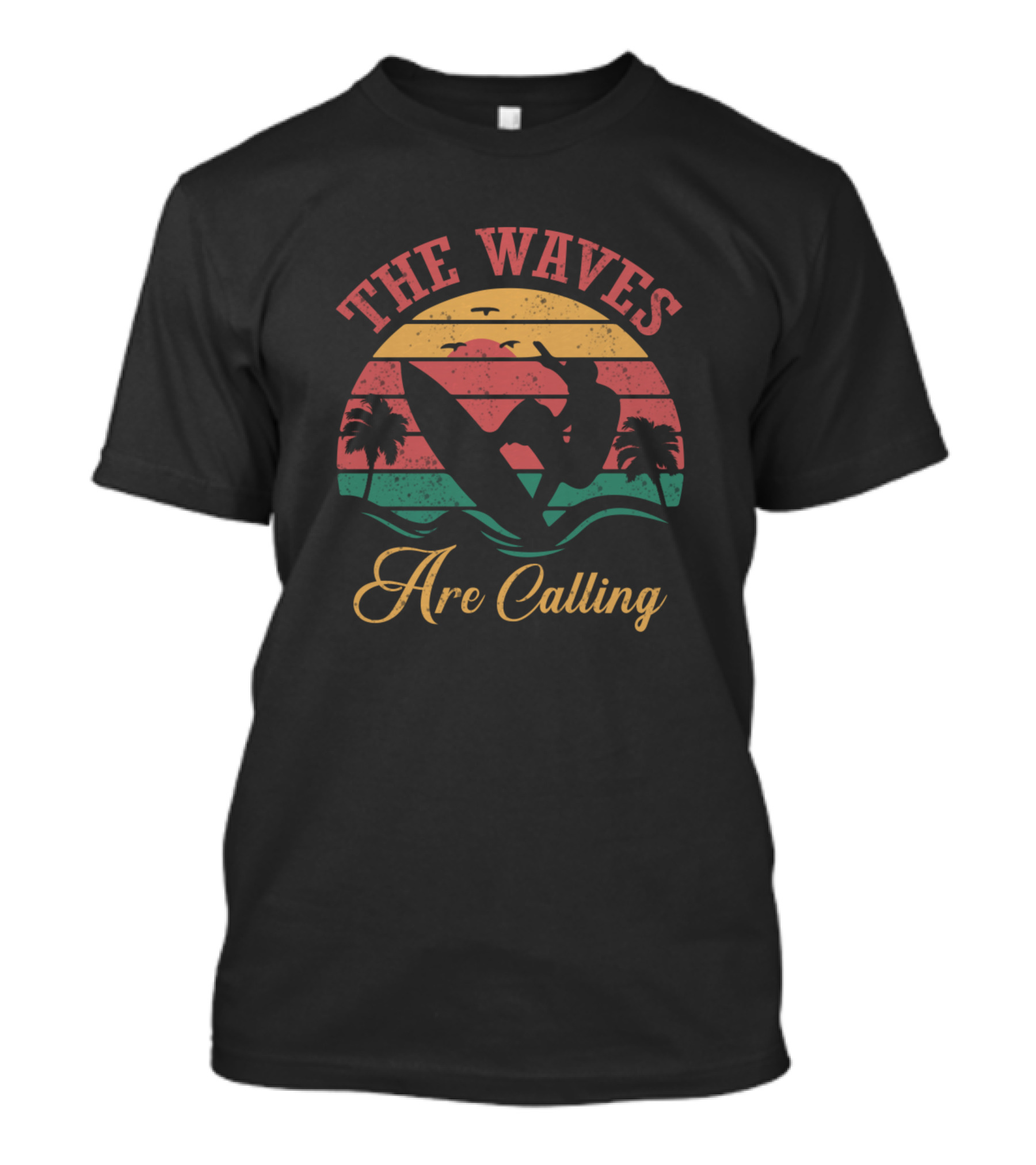 The Waves Are Calling Surf Silhouette With Palm Trees And Colorful Sunset Background T-Shirt