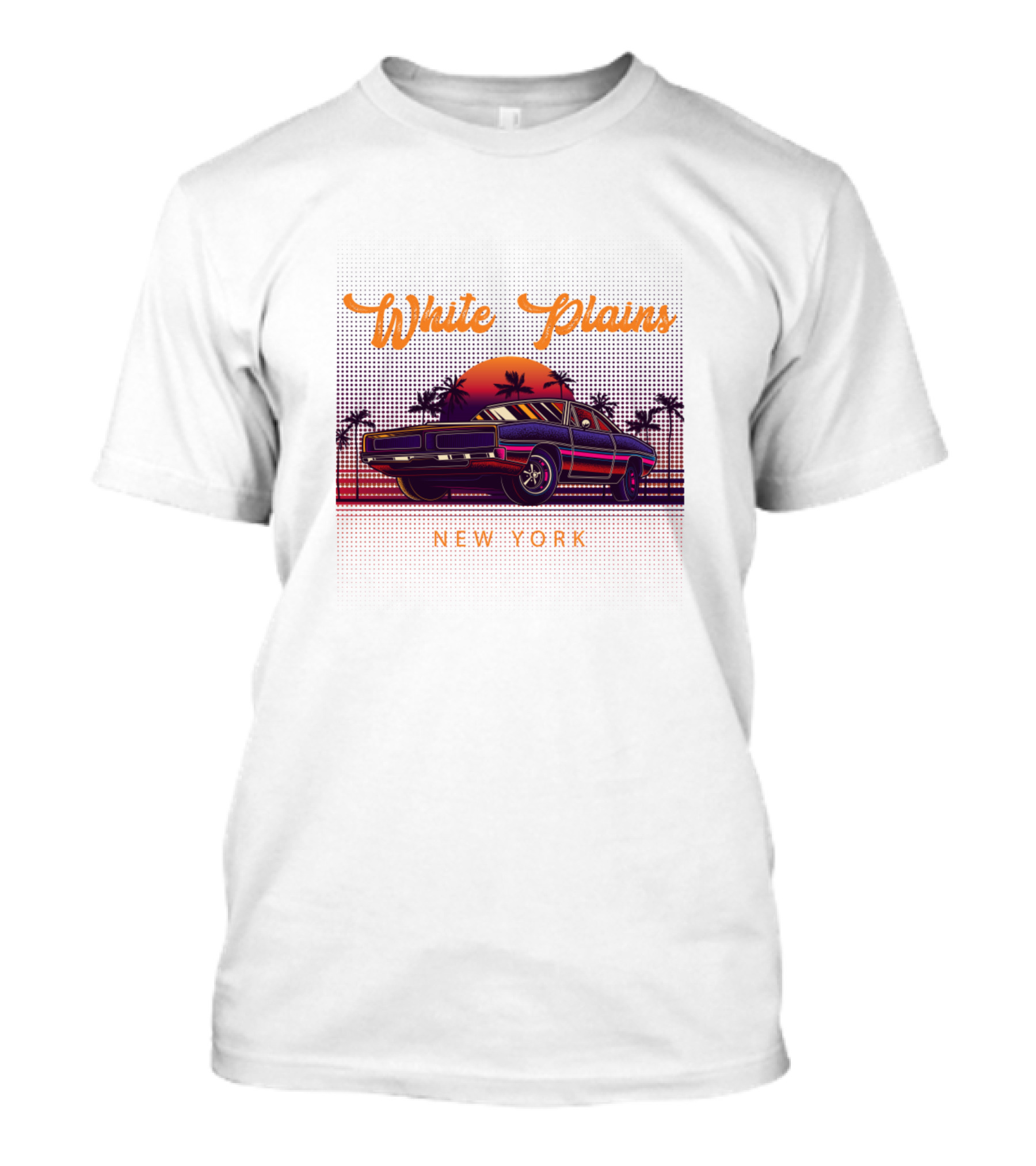 White Plains New York Vintage Muscle Car Sunset Scene T-Shirt