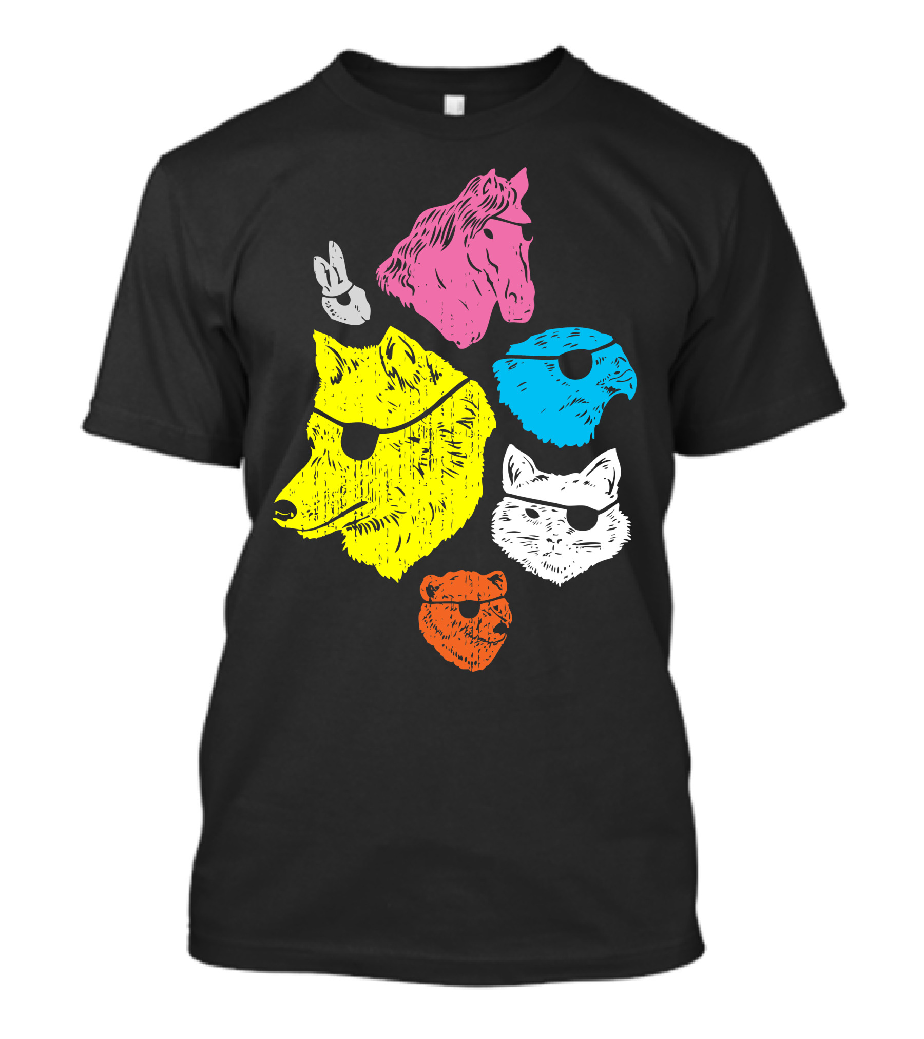 Colorful Animals With Eyepatches: Wolf, Rabbit, Horse, Bird, Fox, Bear T-Shirt