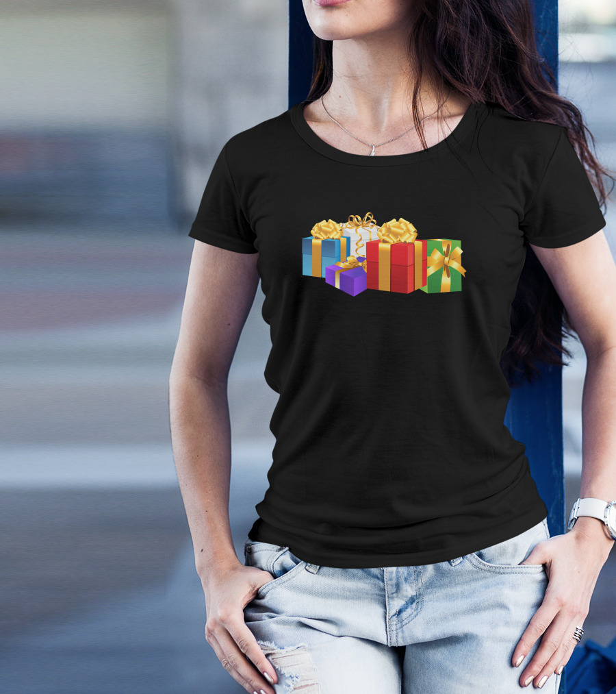 Christmas Presents With Colorful Gift Boxes And Golden Ribbons T-Shirt