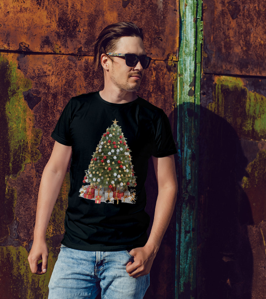 Christmas Tree Presents Gold And Red Baubles T-Shirt