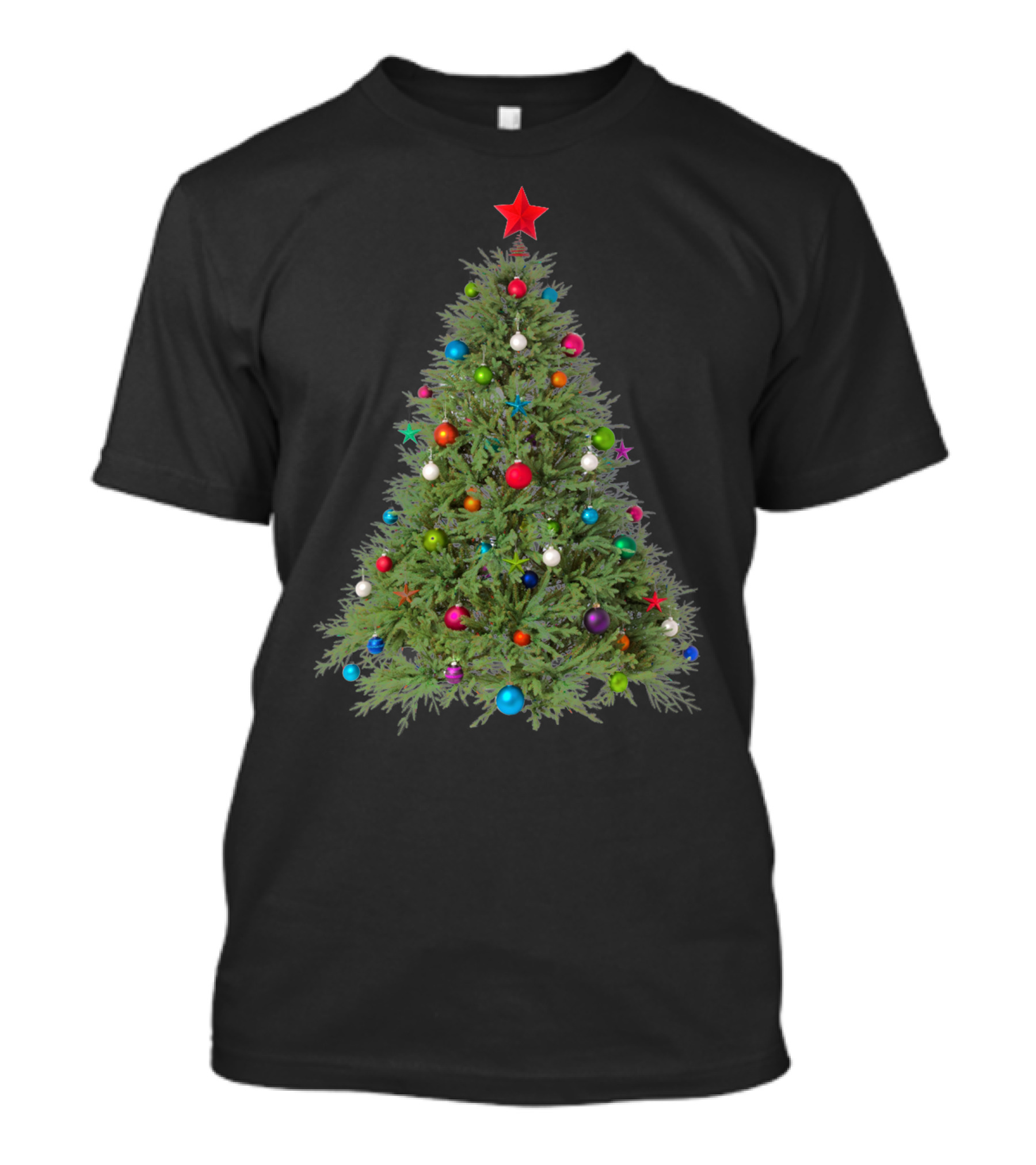 Christmas Tree With Colorful Ornaments And Red Star Topper T-Shirt