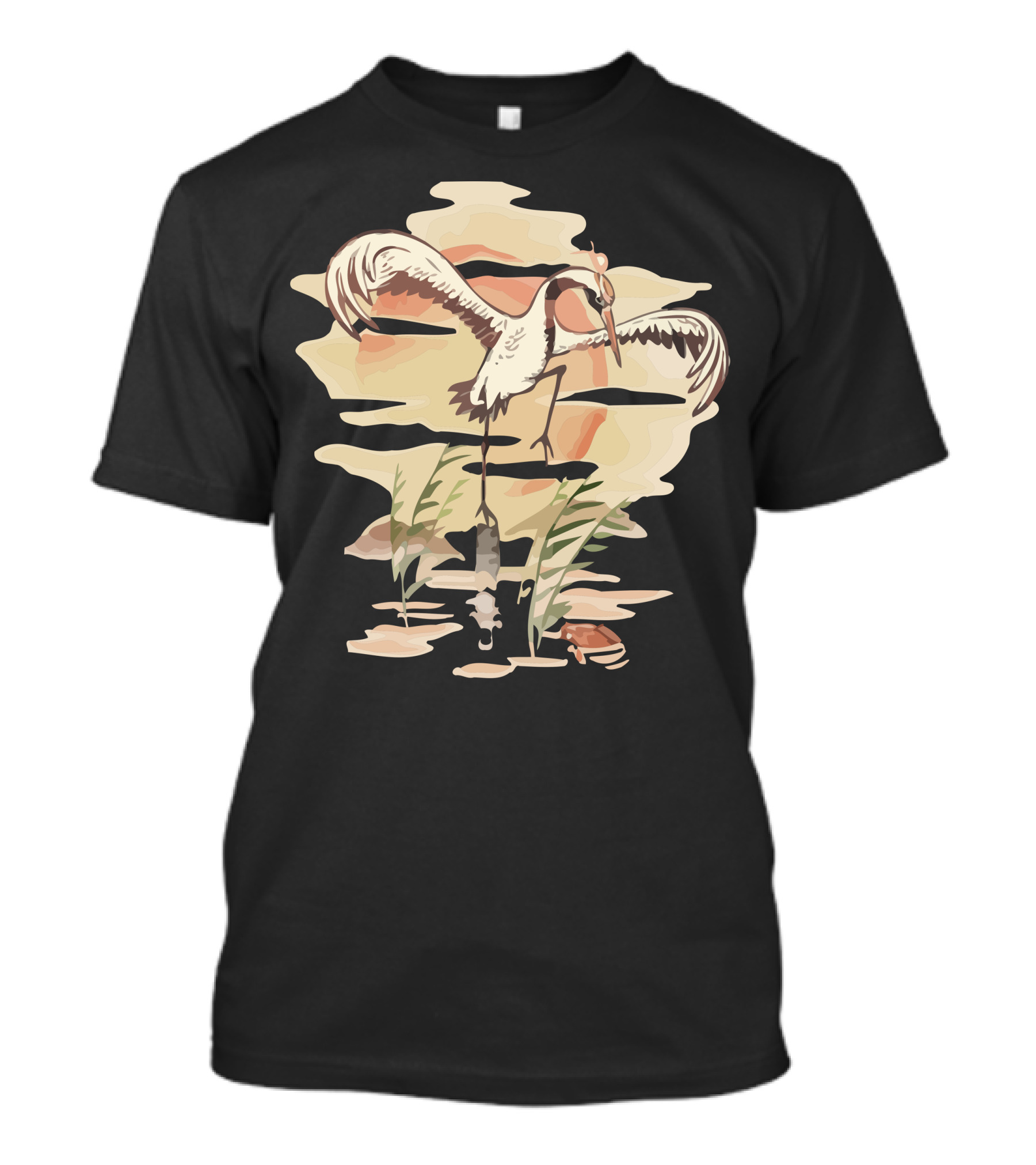 Crane Technique Crane In Sunset Reflection With Water Plants T-Shirt