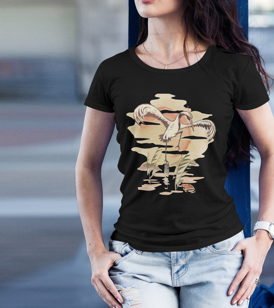 Crane Technique Crane In Sunset Reflection With Water Plants T-Shirt