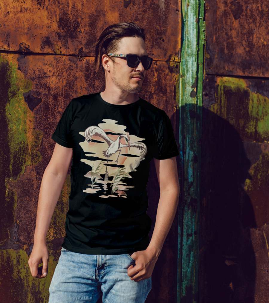 Crane Technique Crane In Sunset Reflection With Water Plants T-Shirt