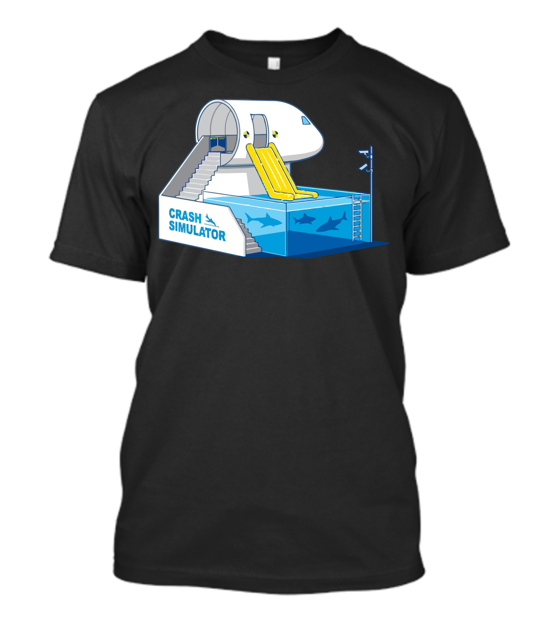 Crash Simulator Plane Slide Pool With Sharks T-Shirt