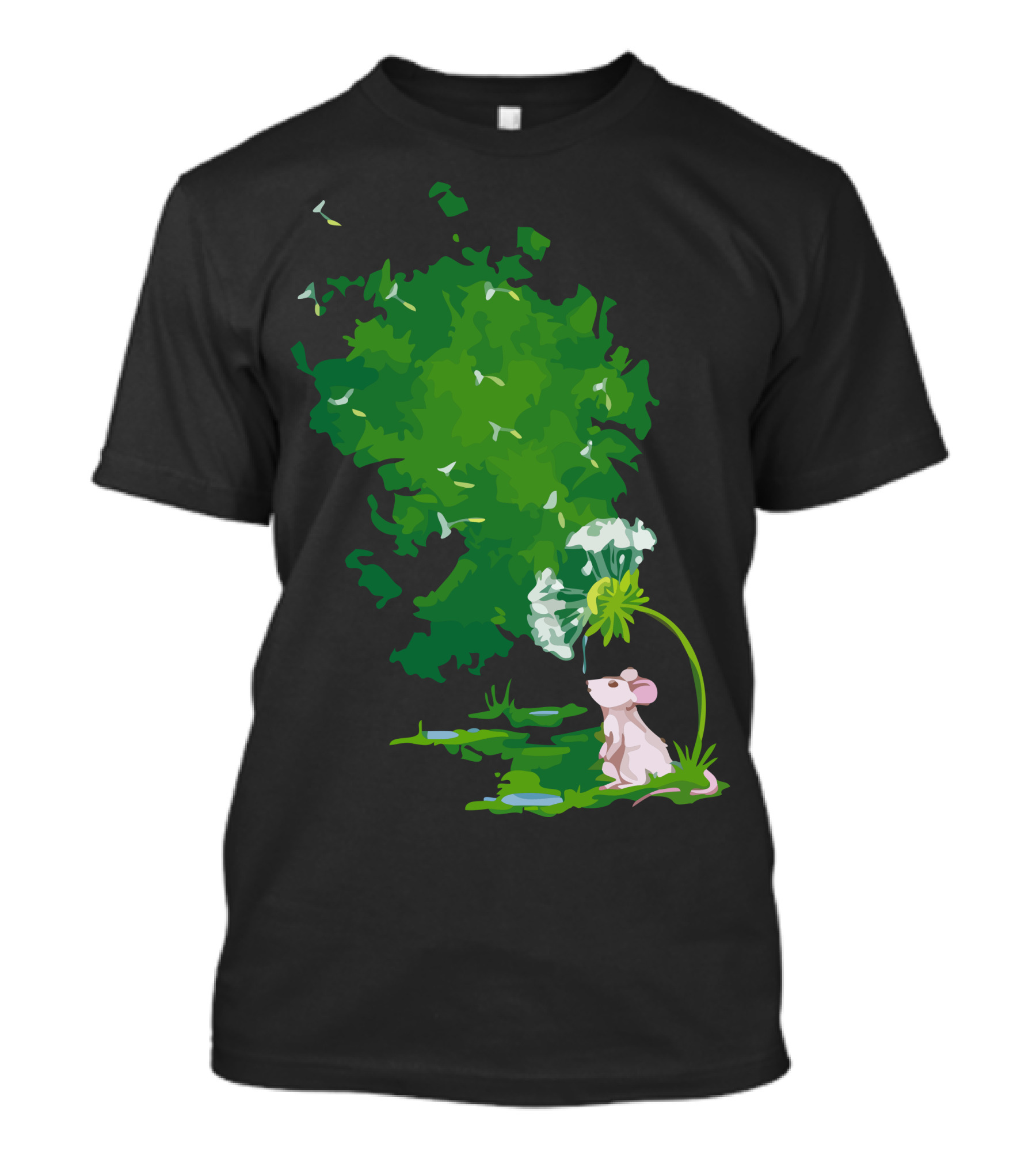 Dandelion Drops Mouse Dreaming Green Nature Scene T-Shirt