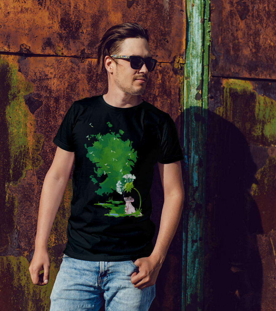 Dandelion Drops Mouse Dreaming Green Nature Scene T-Shirt