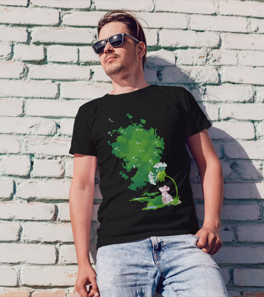 Dandelion Drops Mouse Dreaming Green Nature Scene T-Shirt