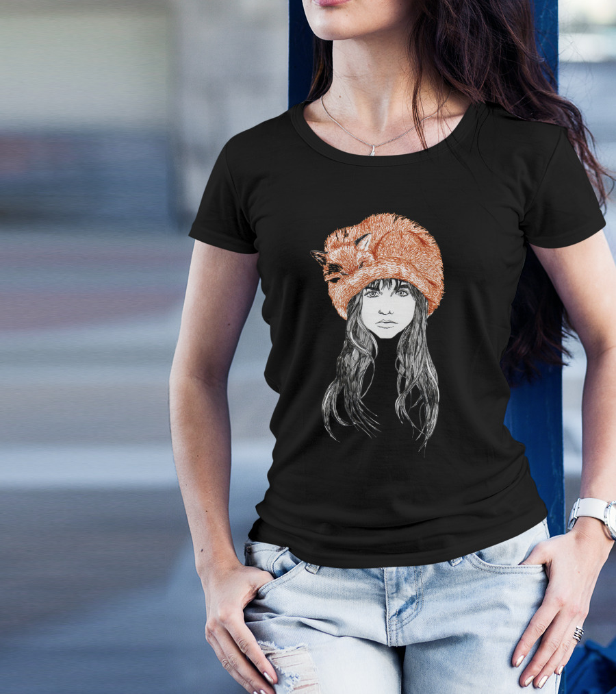 Foxylady Orange Fox Hat Worn By Woman With Long Hair T-Shirt