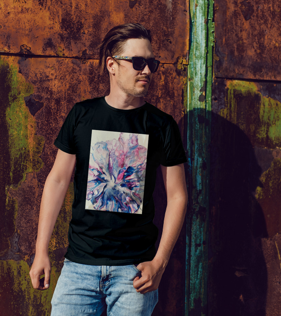Pink Blue Leaf Fluid Art Canvas T-Shirt