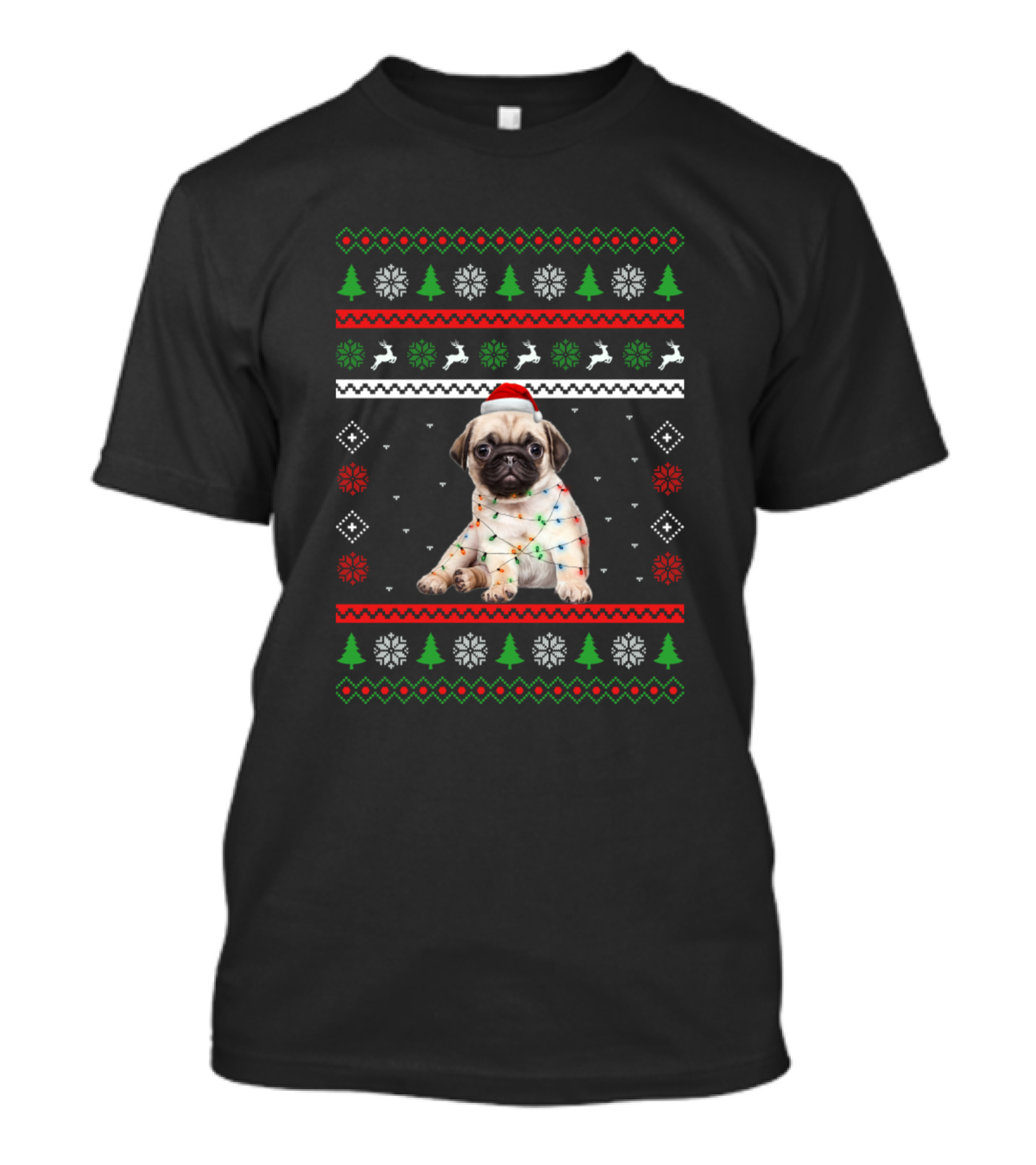 Pug Wrapped In Christmas Tree Lights Santa Hat Snowflakes Trees Reindeer Xmas Boy T-Shirt