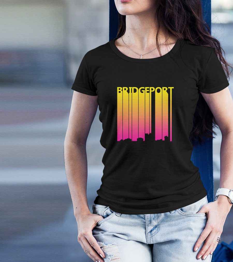 Bridgeport Retro 1980s Skyline Gradient Yellow Pink T-Shirt