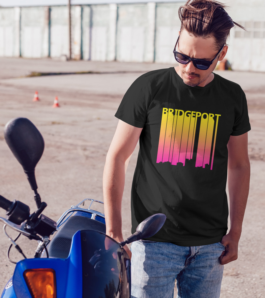 Bridgeport Retro 1980s Skyline Gradient Yellow Pink T-Shirt