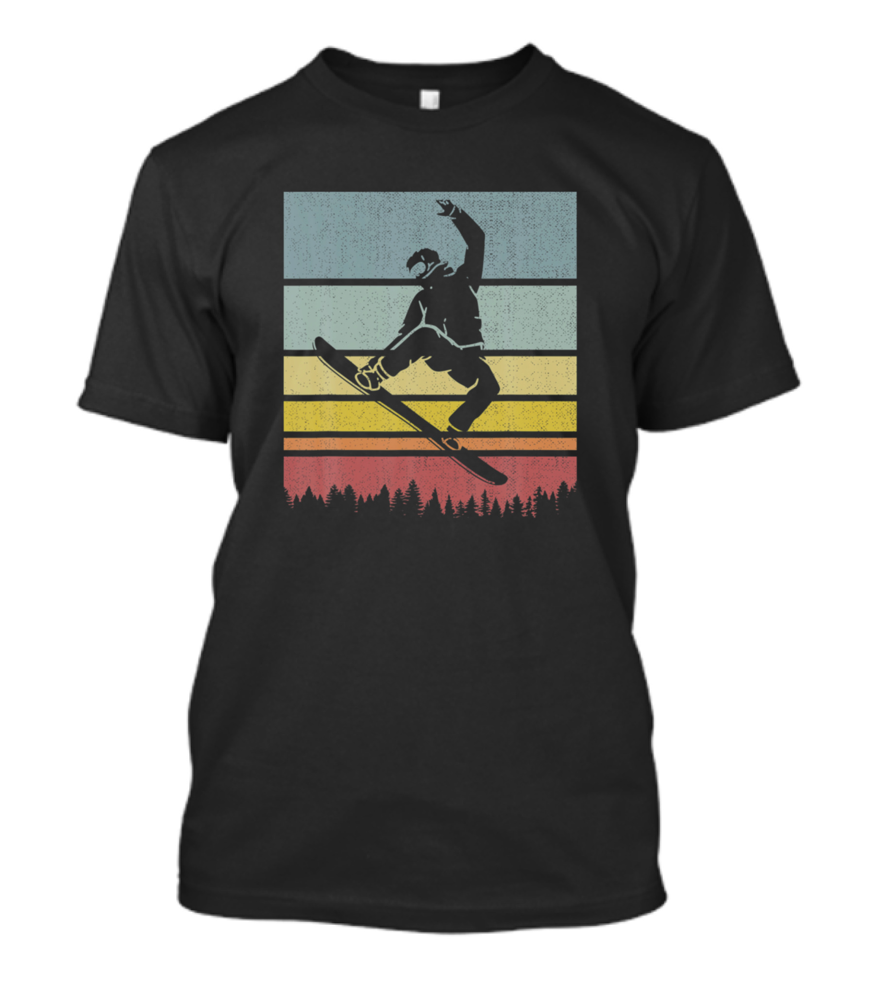Retro Vintage Snowboarder Sunset Scene With Forest T-Shirt