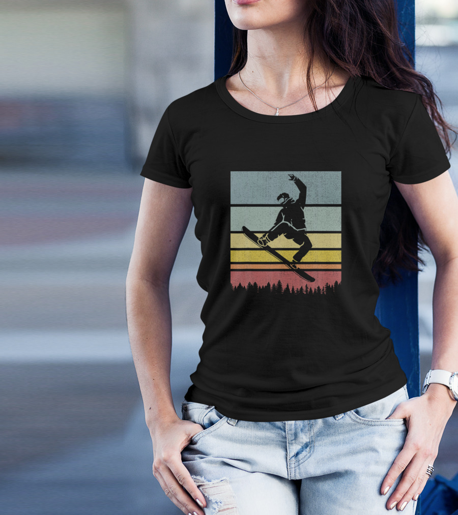 Retro Vintage Snowboarder Sunset Scene With Forest T-Shirt