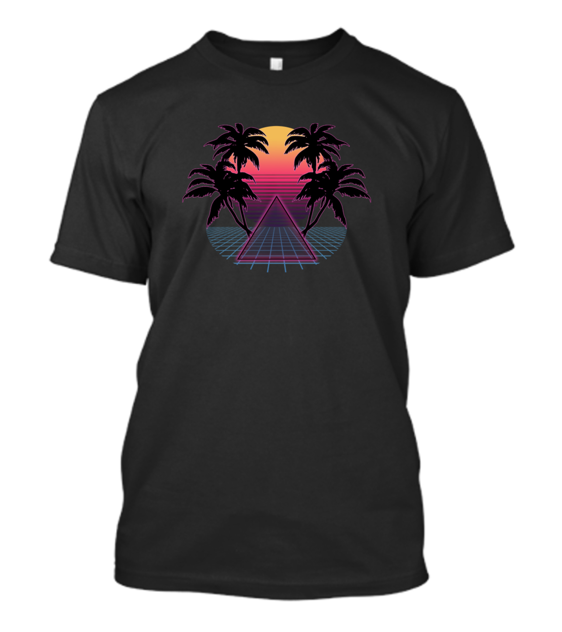 Neon Sunset Synthwave Aesthetic With Palms And Grid T-Shirt
