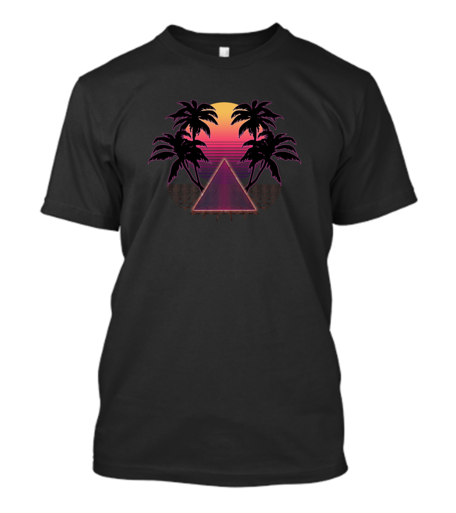 Synthwave Sunset With Neon Triangle And Palm Tree T-Shirt