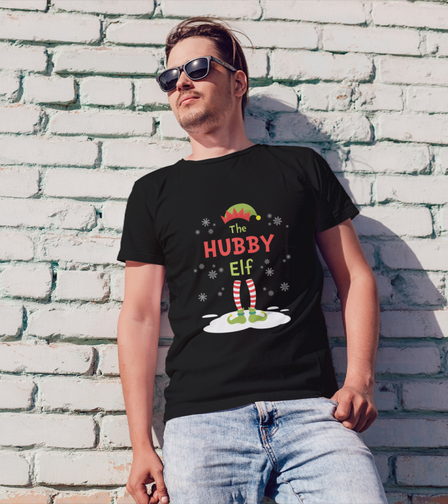 The Hubby Elf Funny Merry Christmas Family Matching Snowflakes Striped Stockings T-Shirt
