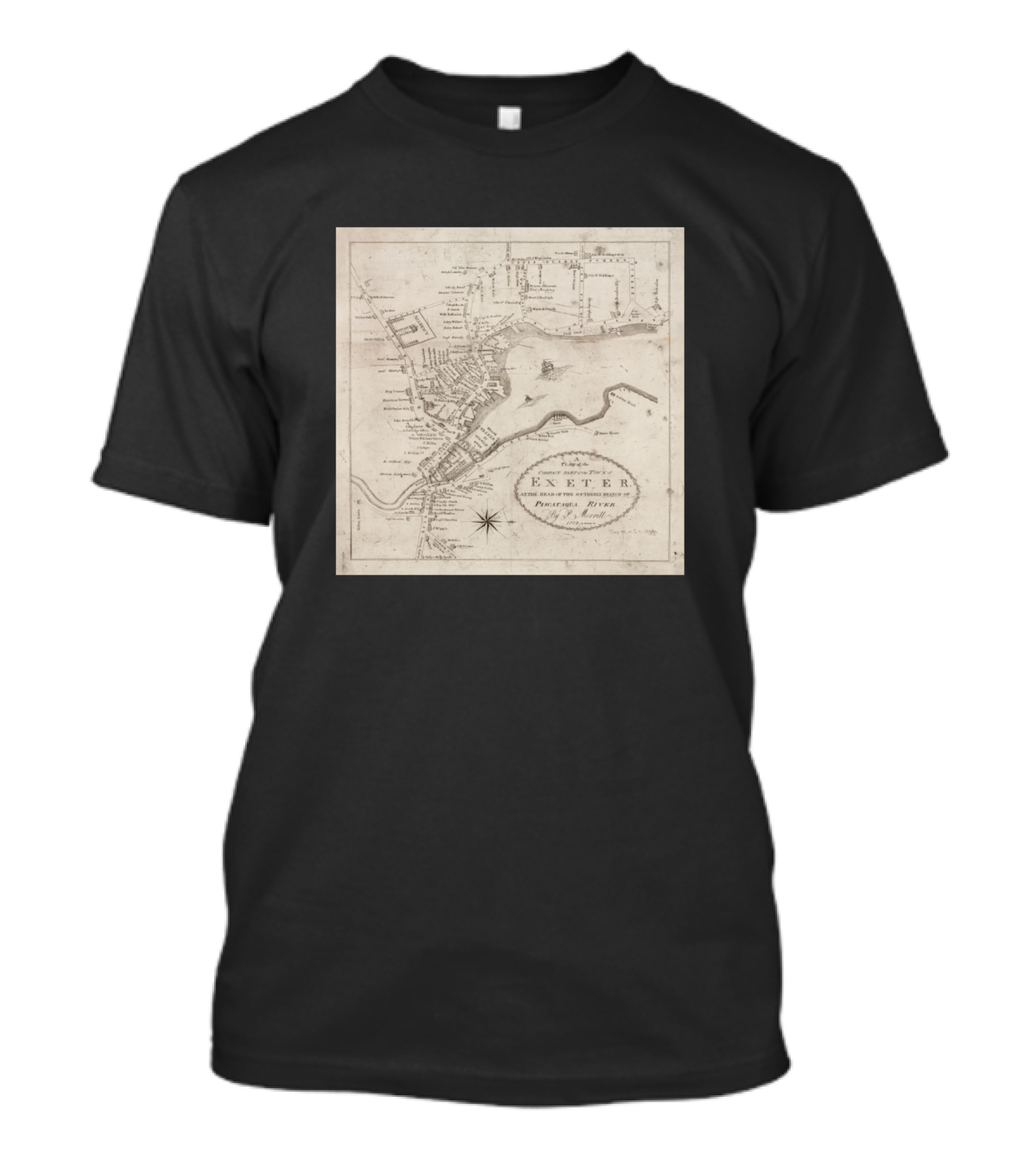 Exeter Map 1802 Portsmouth Road Bridge River Detailed Vintage Chart T-Shirt