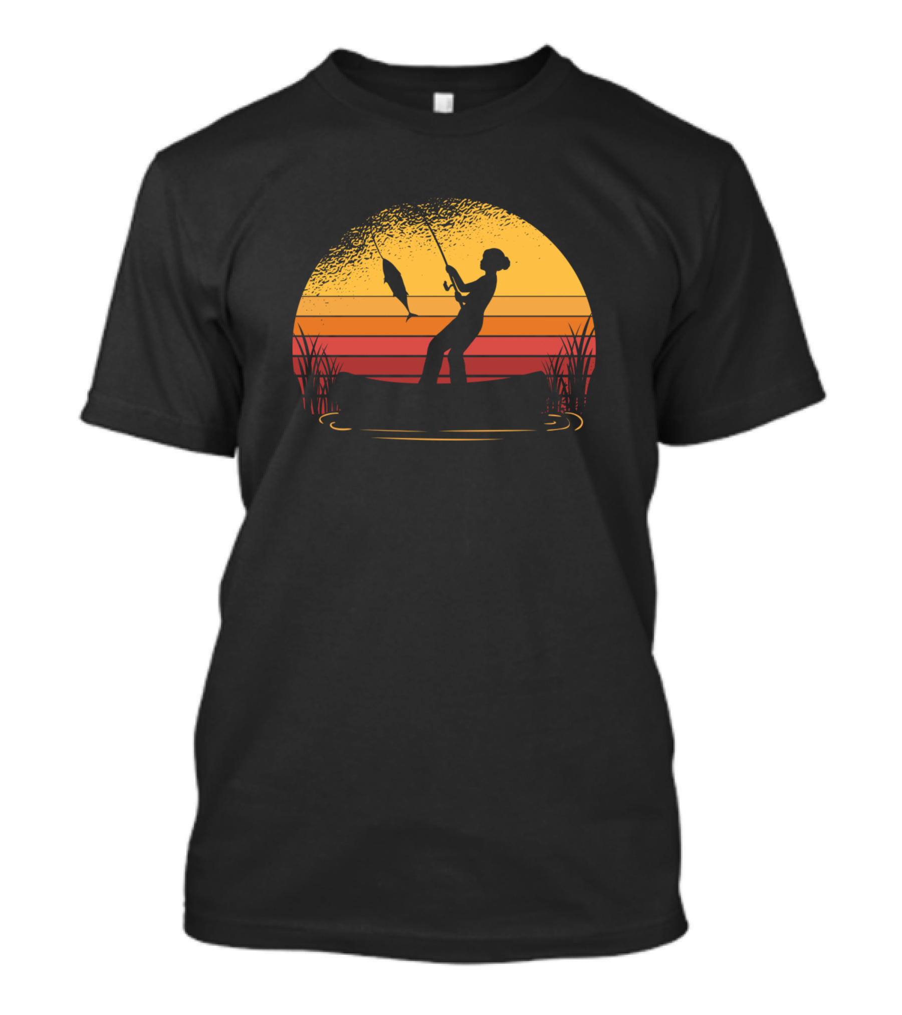 Woman Fishing In Sunset Silhouette With Catch In Canoe T-Shirt