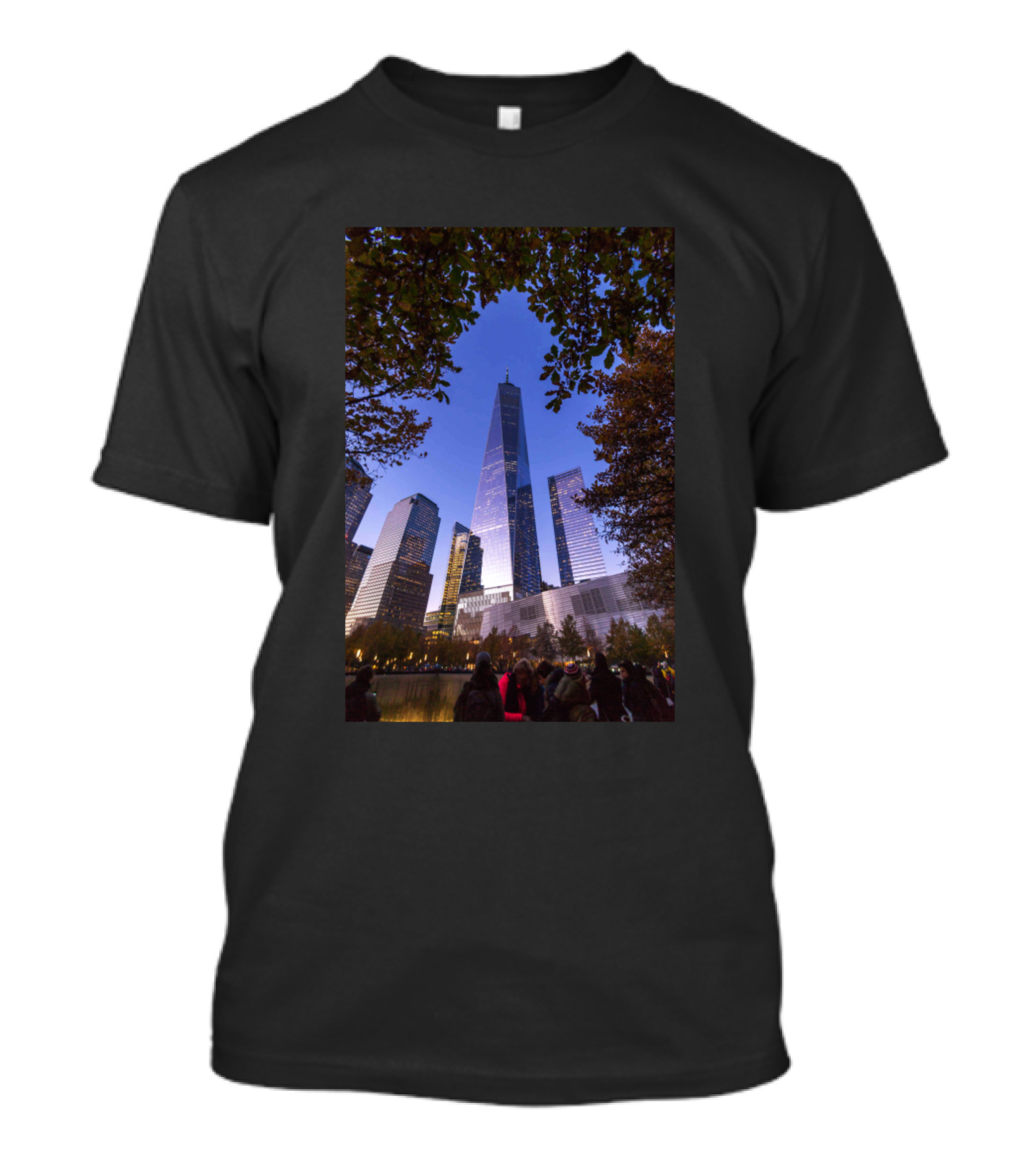 One World Trade Center Twilight Skyscraper View Framed By Trees T-Shirt