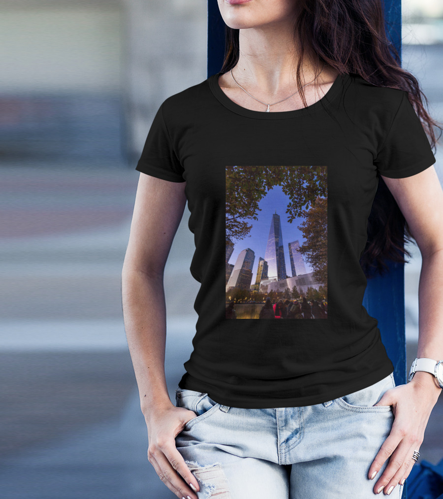 One World Trade Center Twilight Skyscraper View Framed By Trees T-Shirt