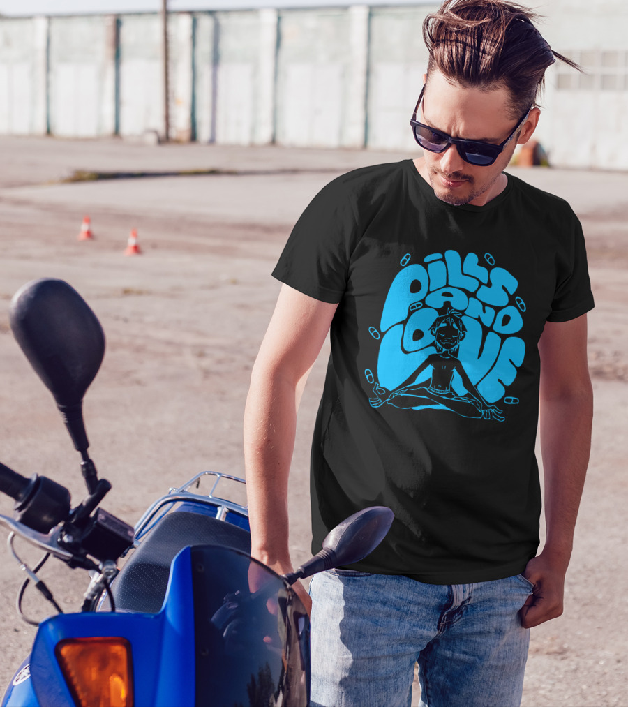 2D Blue Pills And Love Meditating Figure T-Shirt