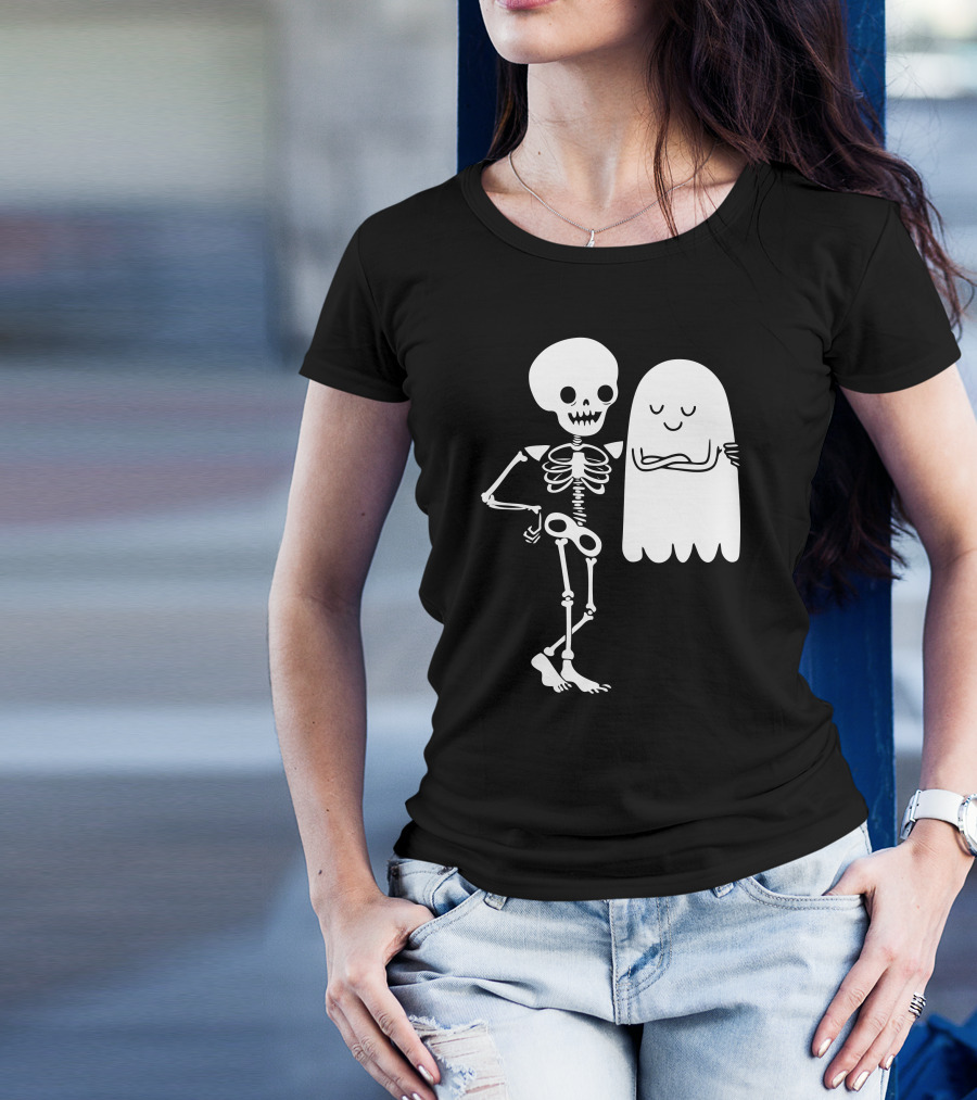 Body And Soul Skeleton And Ghost Hugging T-Shirt