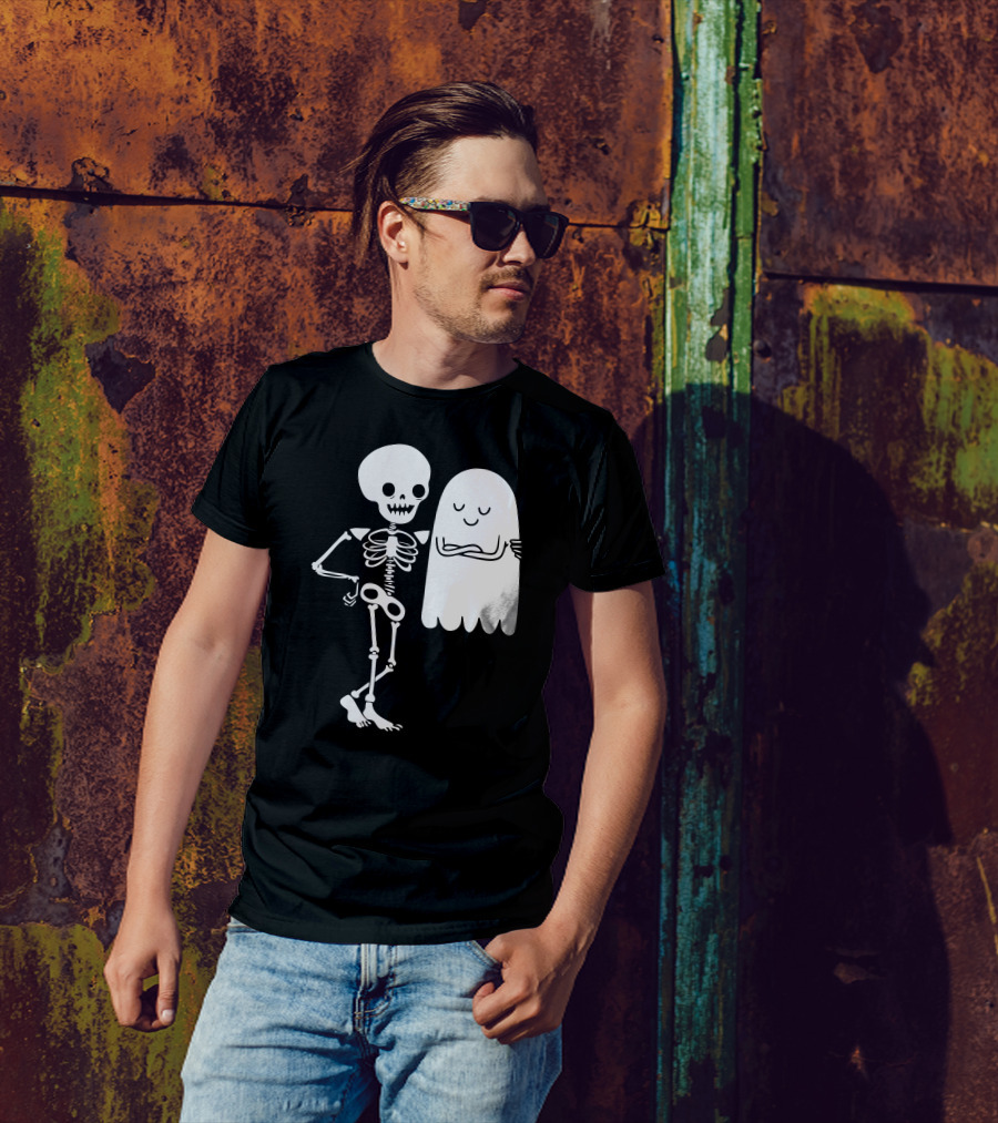 Body And Soul Skeleton And Ghost Hugging T-Shirt