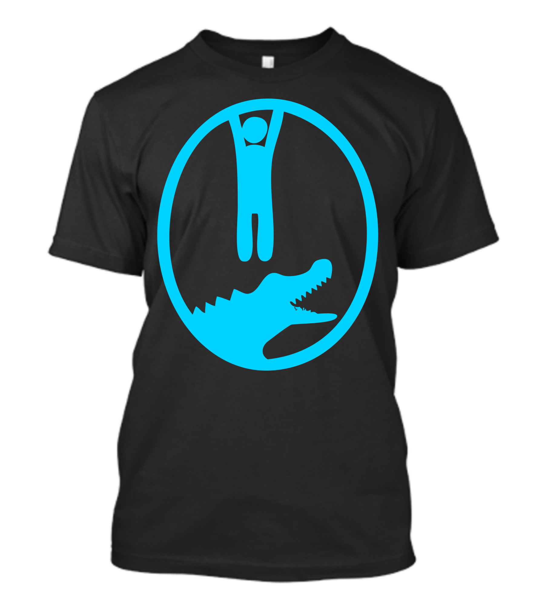 Crocodile Danger Stick Figure Hanging Above Open Jaws Blue Oval T-Shirt