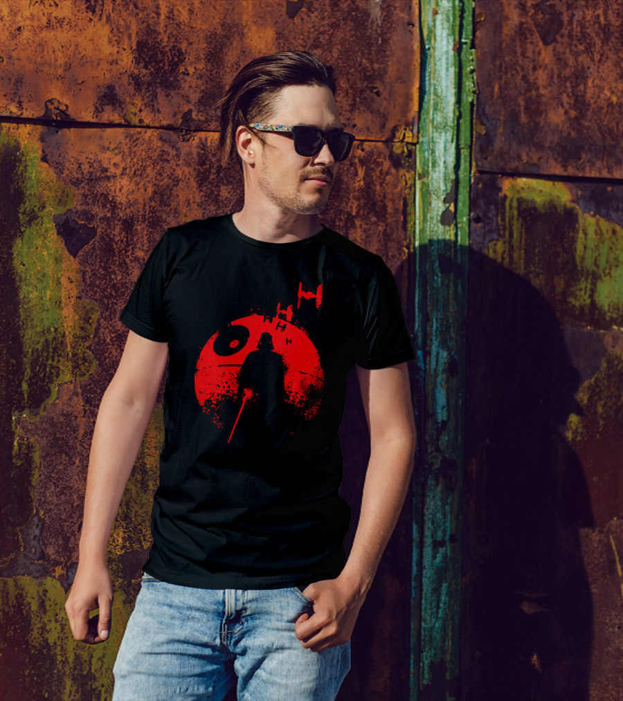 Death Star Dark Lord Darth Vader Silhouette Against Red Orb With TIE Fighters T-Shirt