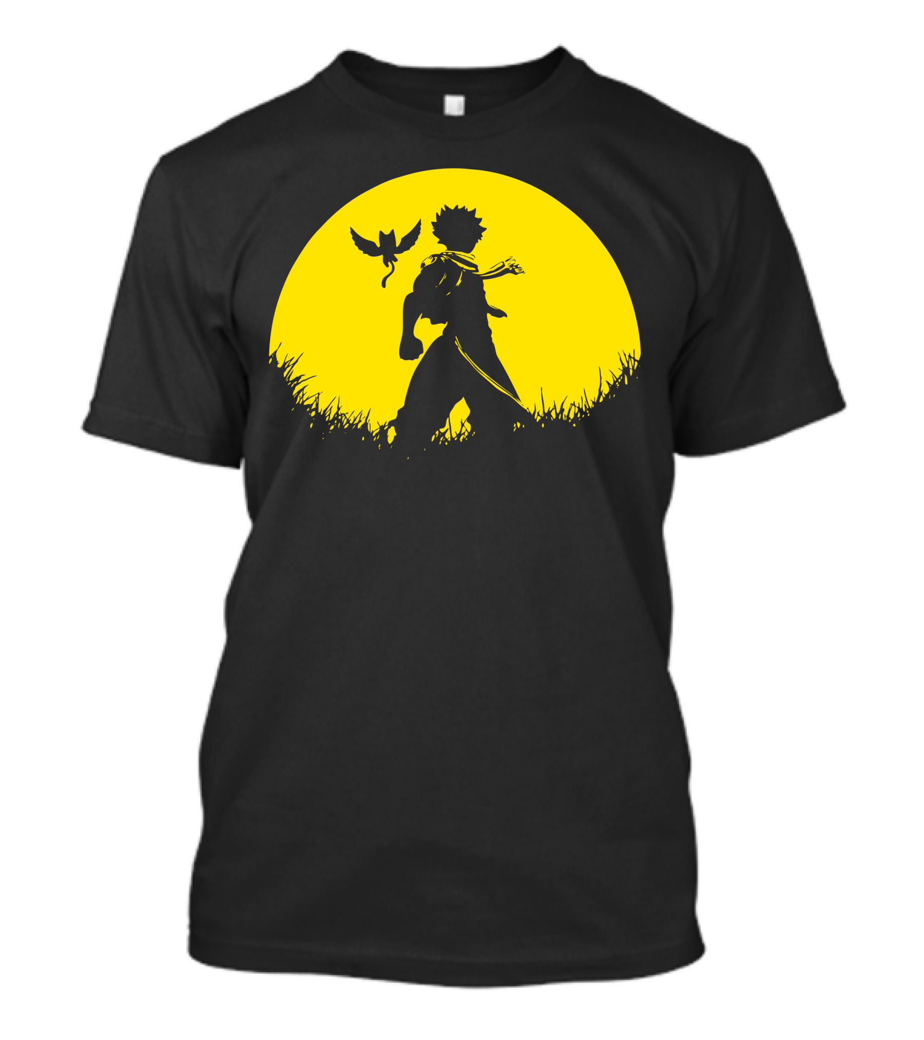 Full Moon Natsu Silhouette Under Yellow Night Sky With Flying Creature T-Shirt