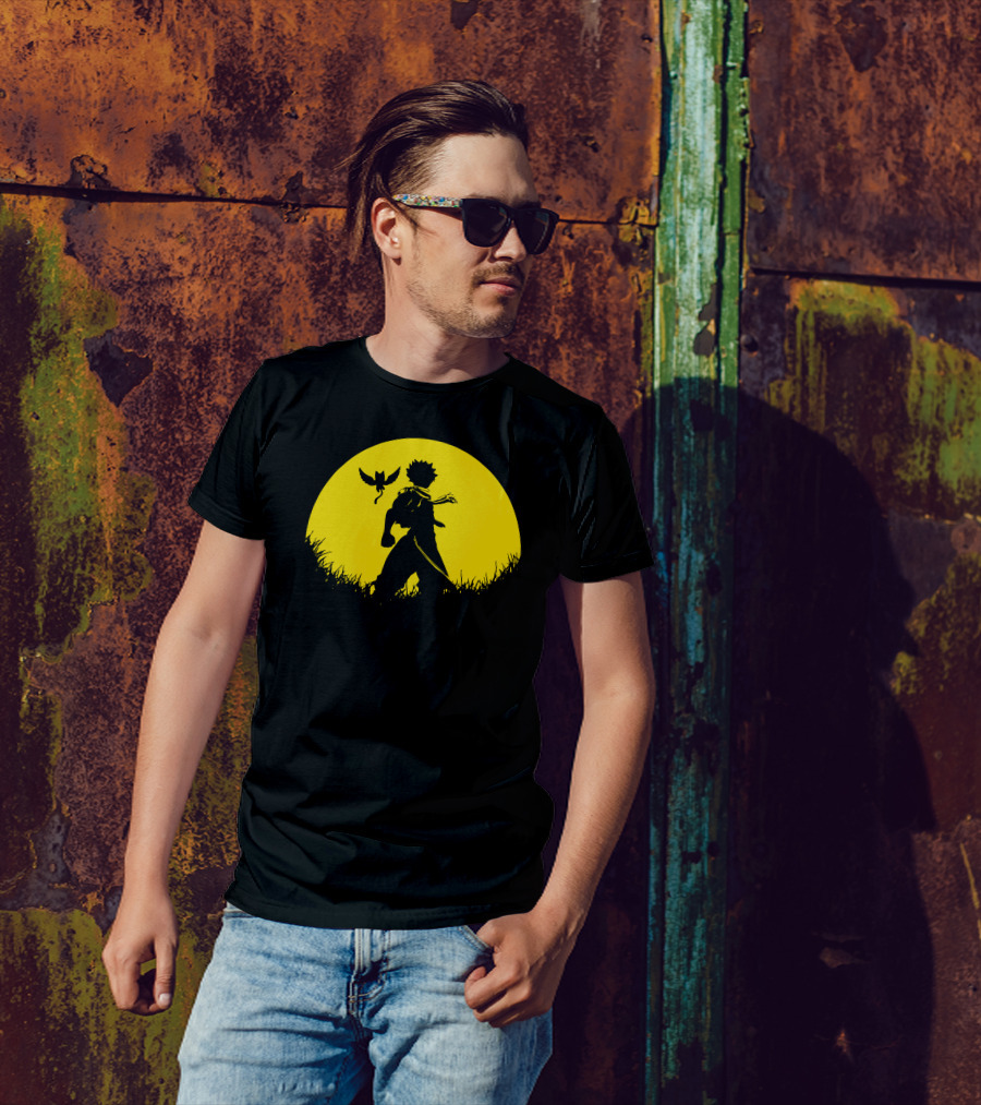 Full Moon Natsu Silhouette Under Yellow Night Sky With Flying Creature T-Shirt