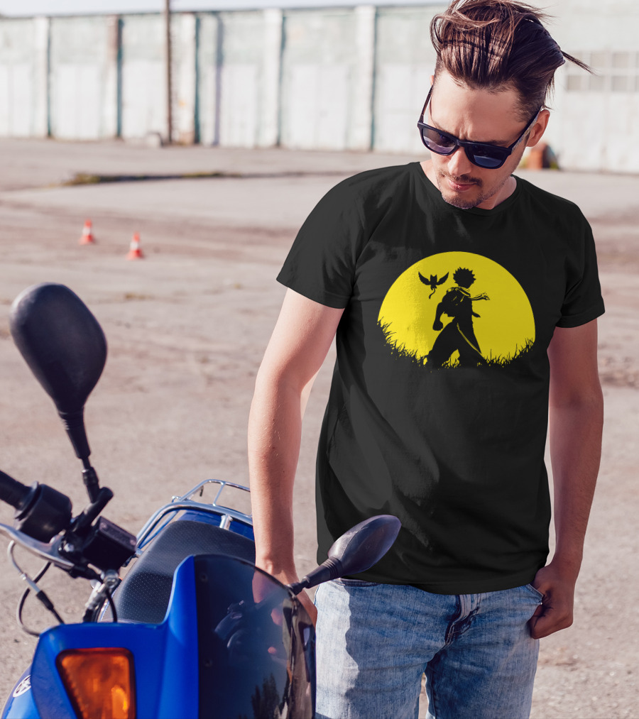 Full Moon Natsu Silhouette Under Yellow Night Sky With Flying Creature T-Shirt