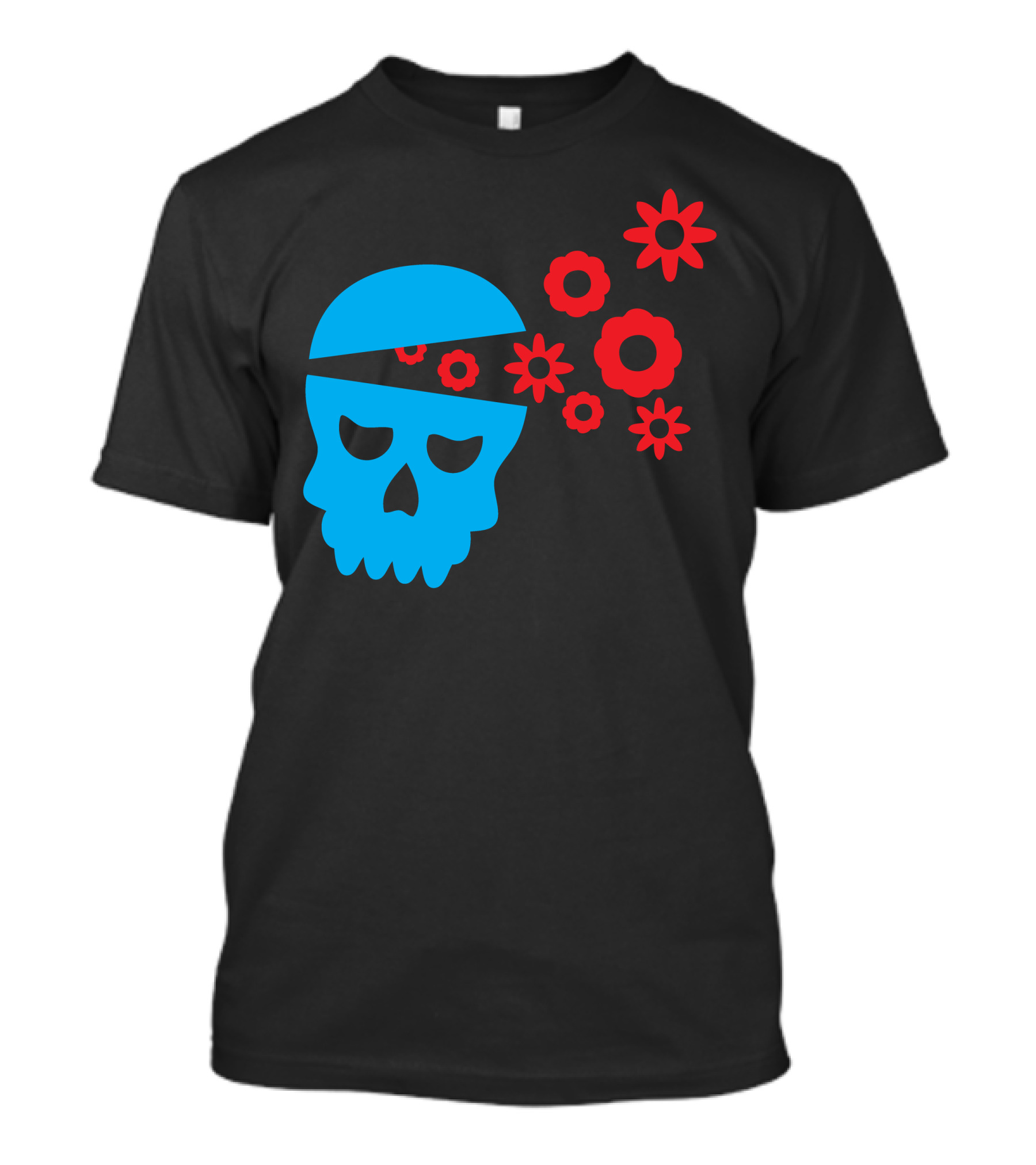 Funny Blue Skull With Red Flowers Emanating T-Shirt
