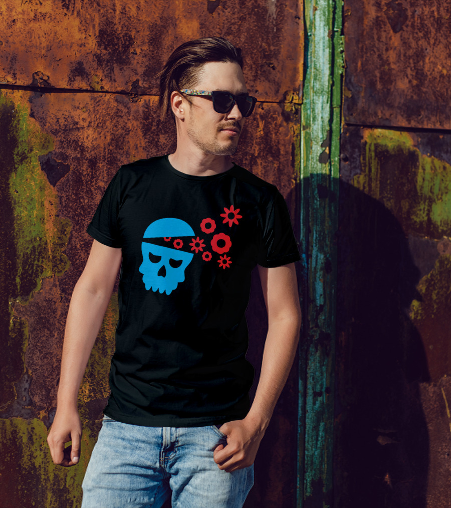 Funny Blue Skull With Red Flowers Emanating T-Shirt