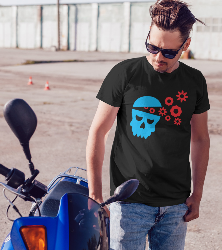 Funny Blue Skull With Red Flowers Emanating T-Shirt