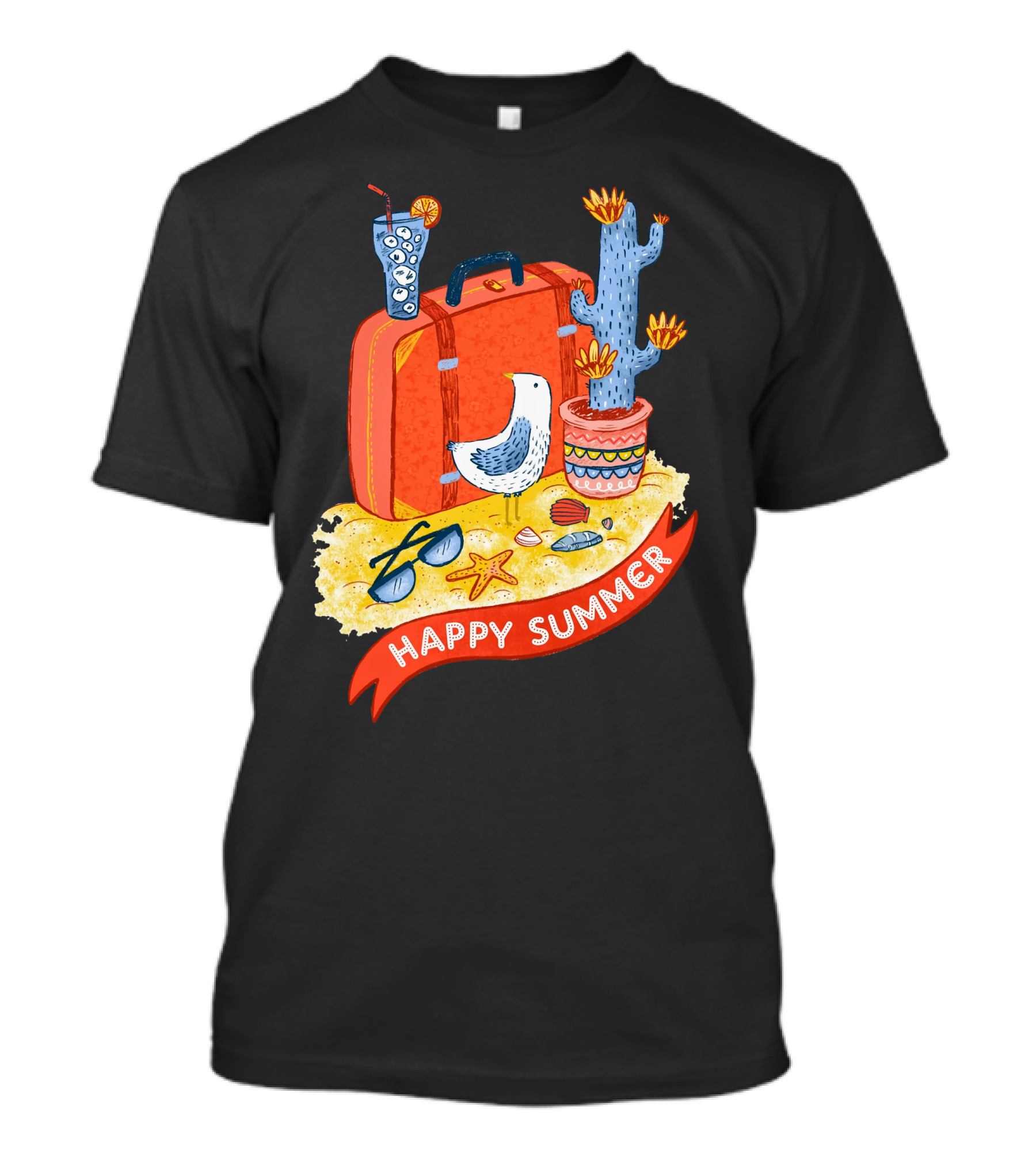 Happy Summer Suitcase Beach Cactus Seagull Sunglasses Starfish Drink T-Shirt