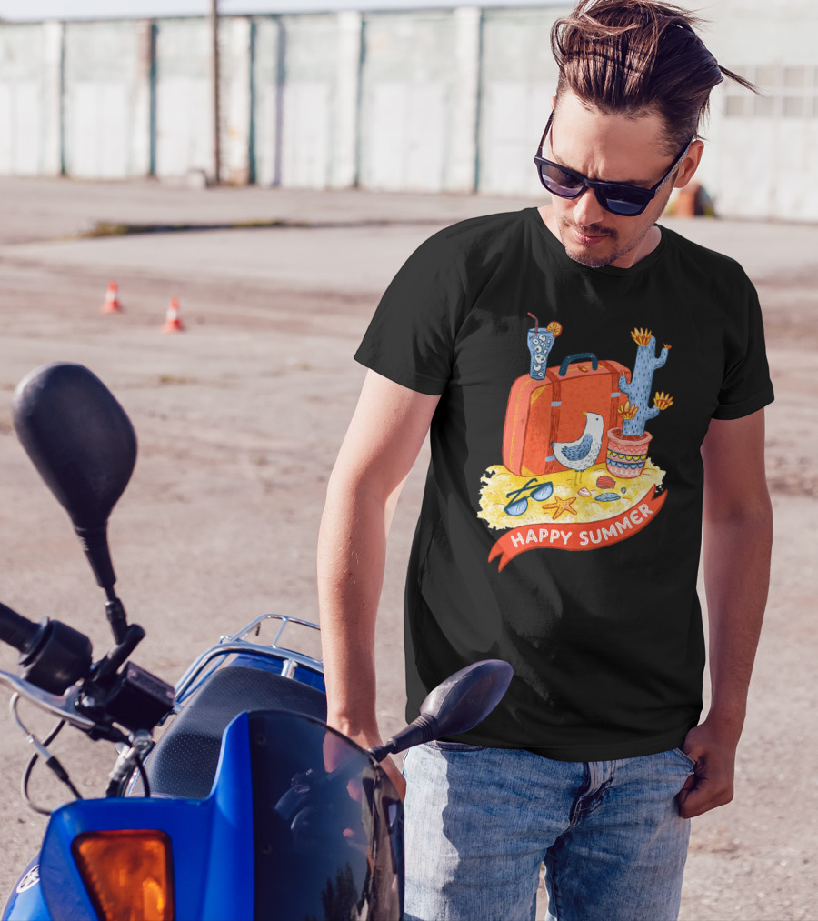 Happy Summer Suitcase Beach Cactus Seagull Sunglasses Starfish Drink T-Shirt