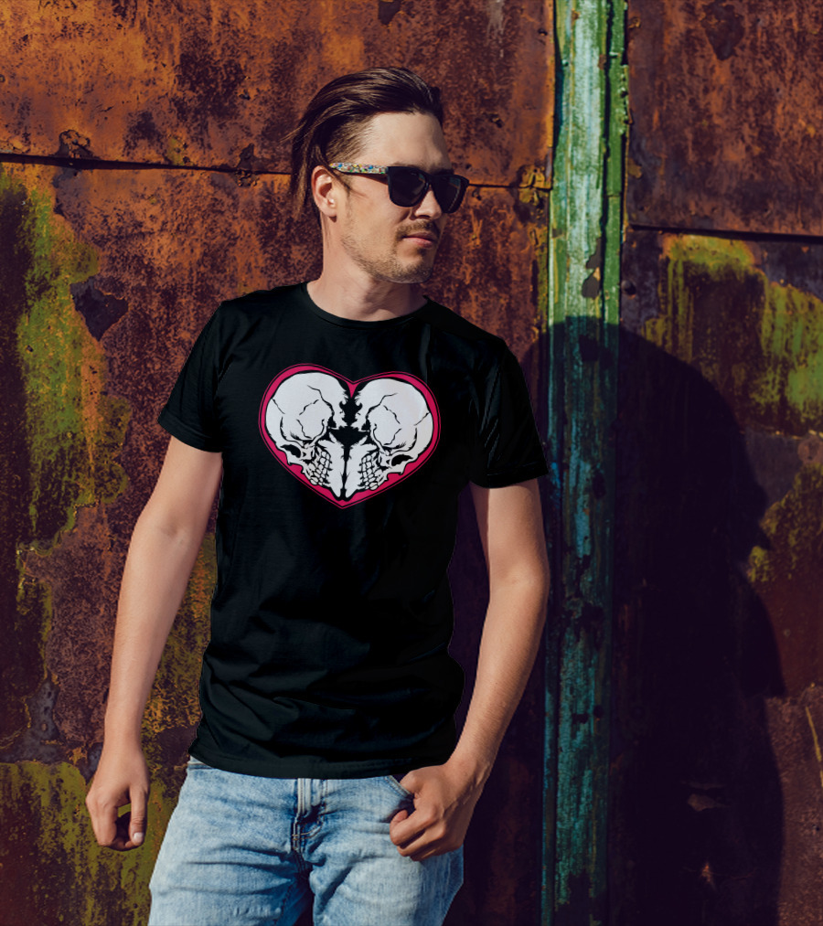 Heart Skulls Black And Red Symmetrical T-Shirt
