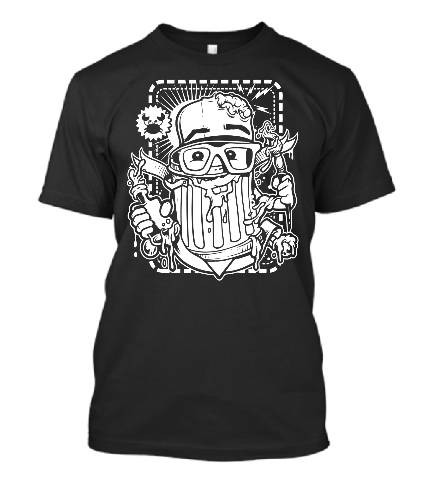 Hobby Sickness Cartoon Trash Can Character With Glasses And Hand Tools T-Shirt