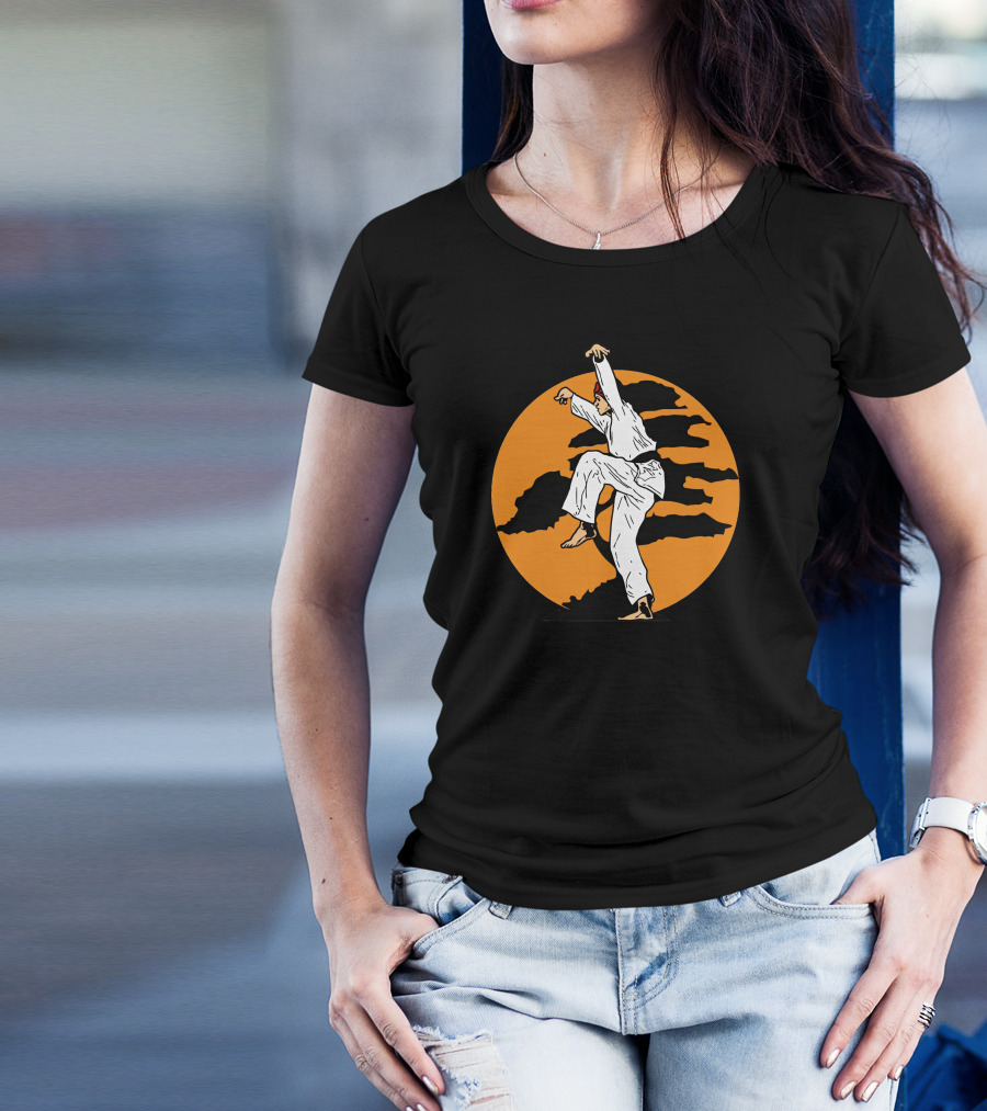 Karate Kid Crane Kick Against Sunset Pine Tree T-Shirt