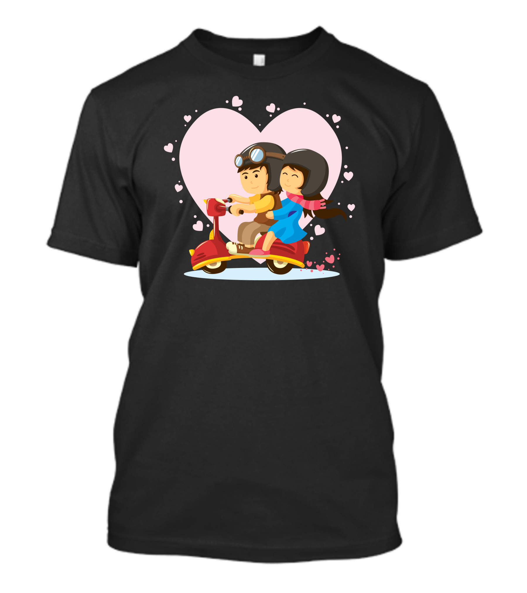 Lovely Couple Riding A Vespa Surrounded By Hearts T-Shirt