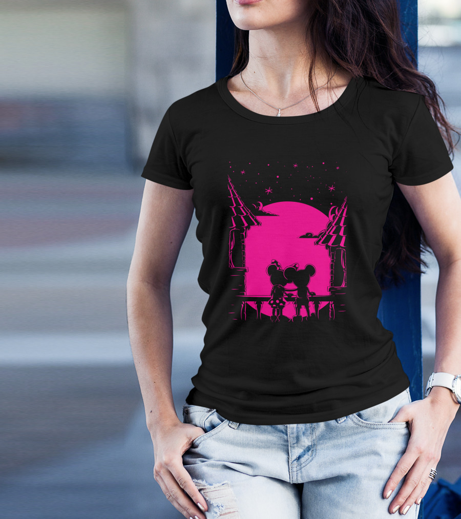 Romantic Mouse Couple Gazing At Starry Pink Night T-Shirt
