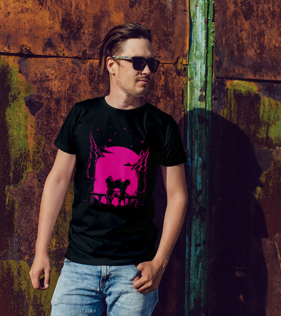 Romantic Mouse Couple Gazing At Starry Pink Night T-Shirt